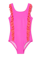 Load image into Gallery viewer, Neon Pink &amp; Red Ruffle Swimsuit
