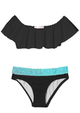 Load image into Gallery viewer, Black Bikini with Aqua Sequin Belt
