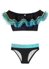 Load image into Gallery viewer, Black Bikini Anemone Fringe &amp; Aqua Sequin Belt
