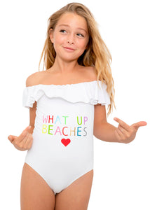 What Up Beaches White Ruffle Swimsuit