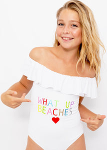 What Up Beaches White Ruffle Swimsuit