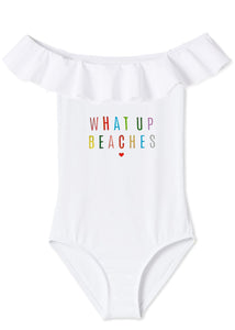 What Up Beaches White Ruffle Swimsuit