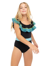 Load image into Gallery viewer, Black Swimsuit with Anemone Fringe &amp; Aqua Sequin Belt
