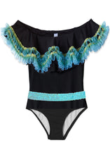 Load image into Gallery viewer, Black Swimsuit with Anemone Fringe &amp; Aqua Sequin Belt
