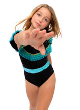 Load image into Gallery viewer, Black Swimsuit with Anemone Fringe &amp; Aqua Sequin Belt
