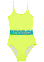 Load image into Gallery viewer, Neon Yellow Swimsuit with Aqua Sequin Belt
