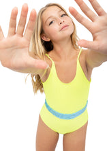 Load image into Gallery viewer, Neon Yellow Swimsuit with Aqua Sequin Belt
