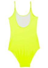 Load image into Gallery viewer, Neon Yellow Swimsuit with Aqua Sequin Belt
