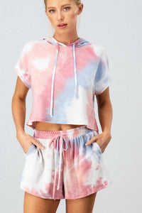 LADIES TIE DYE FRENCH TERRY SHORT SET - Pink - Blue