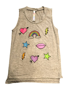 Clearance - Malibu Sugar Grey Muscle Tank with Scattered Icons