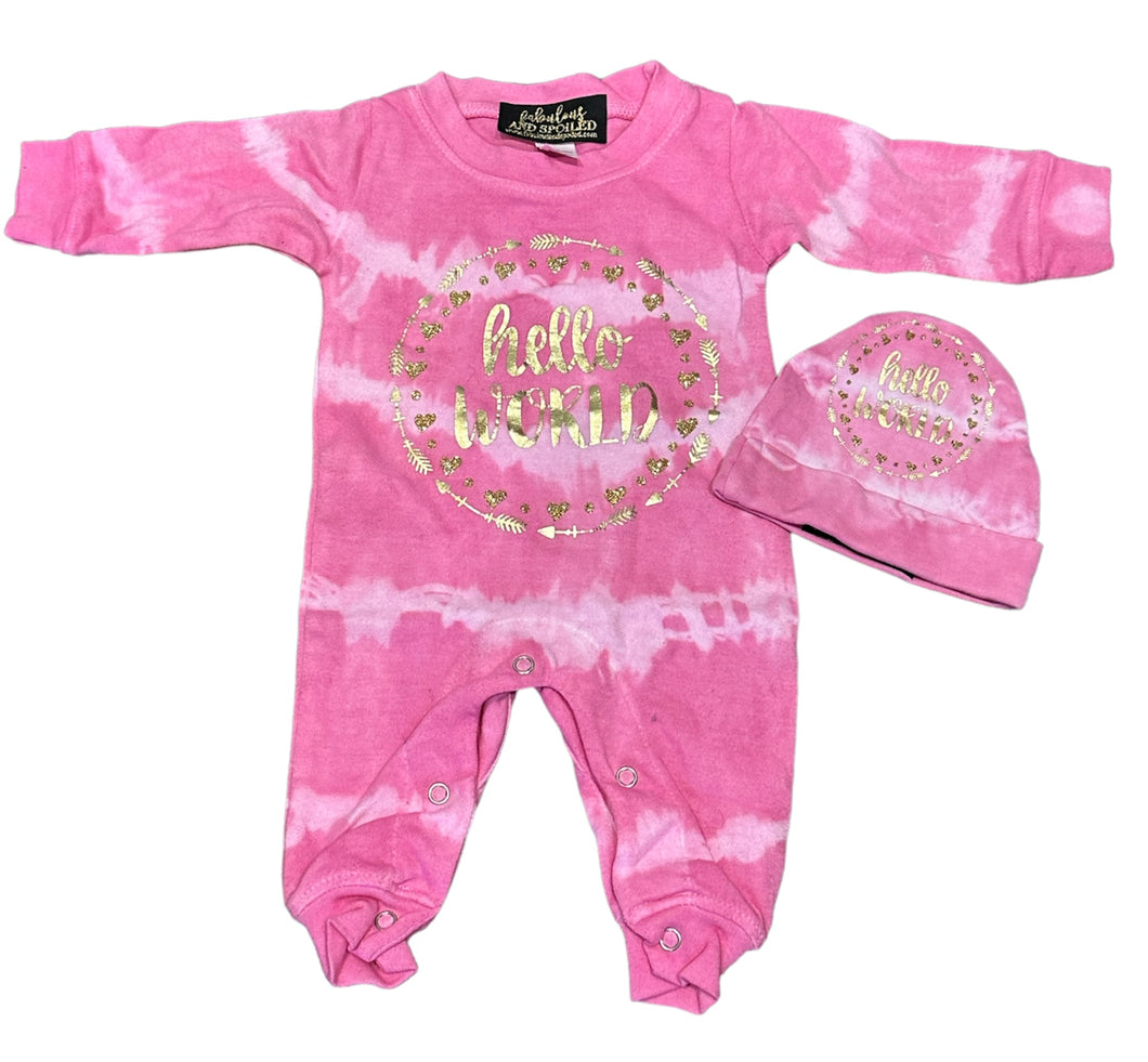 Clearance - Pink Tie Dye Hello Word One Piece with Hat - Size 0-3 Months
